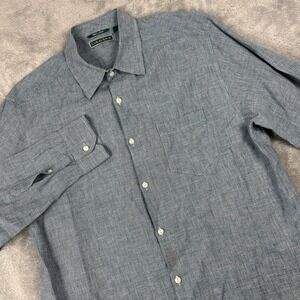 Cubavera Shirt Mens‎ Large 100% Linen Long Sleeve Button Up Blue Nubby Checked